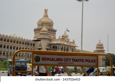 Bengaluru City Traffic Police Barricate With Backdrop As Vidhana Soudha Bengalore