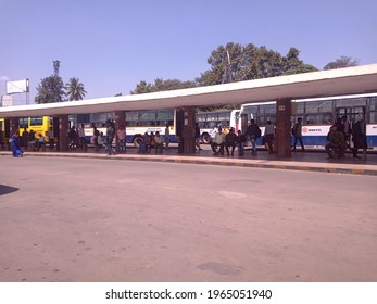 Bengaluru, India, April 29, 2021,Bengaluru City Bus Stop Also Known As Majestic Bus Stand, Almost Empty Due To Coronavirus Pandemic Lockdown.