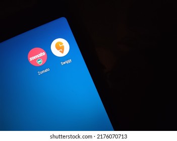 Bengaluru, India, July 2022 : Swiggy And Zomato Food Delivery Apps Operating Across Major Locations In India. They Are Market Leaders And Are Competing Against Each Other To Gain Market Share.