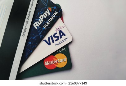 Bengaluru, India, May 2022 : Rupay Card, VISA Card And MasterCard Credit And Debit Cards Top View With White Background Illustrative Editorial. Rupay Is Gaining Market Share In India.