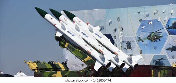 Bengaluru, Karnataka, India, February 23, 2019: Akash - Medium-range Mobile Surface-to-air Missile Defense System On Display At The Aero India 2019 Air Show. Atmanirbhar Bharat. Make In India.