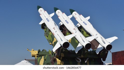 Bengaluru, Karnataka, India, February 23, 2019: Akash - Medium-range Mobile Surface-to-air Missile Defense System On Display At The Aero India 2019 Air Show. Make In India. Atmanirbhar Bharat.