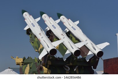 Bengaluru, Karnataka, India, February 23, 2019: Akash - Medium-range Mobile Surface-to-air Missile Defense System On Display At The Aero India 2019 Air Show. Atmanirbhar Bharat. Make In India.