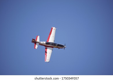 Bengaluru, Karnataka, India - February 23 2019: Indian Air Force's Hindustan Turbo Trainer HTT-40
Performing At AeroIndia 2019 Air Show