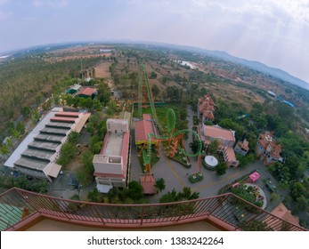 Bengaluru, Karnataka / India - March 23 2019: Aerial Wide Field Of View Of Roller Coaster In Wonderla