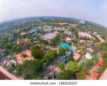 Bengaluru, Karnataka / India - March 23 2019: Aerial Wide Field Of View Of Water Park With Visible Rides