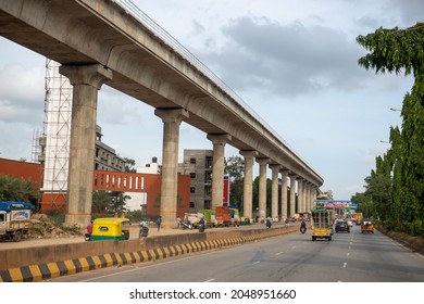 Bengaluru, Karnataka, India- Sep 20 2021: Namma Metro Line Along With Mumbai Bengalore Highway,  Toll Road Connect To  Silicon Valley Of India To Financial City In India