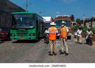 Bengaluru, Karnataka, India- Sep 20 2021: Bangalore City Traffic Police On Mumbai Bangalore Highway Controllling Traffic,  Toll Road Connect To  Silicon Valley Of India To Financial City In India