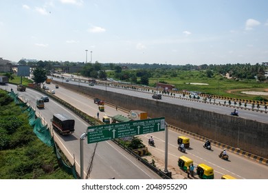 Bengaluru, Karnataka, India- Sep 20 2021: Mumbai Bangalore Highway,  Toll Road Connect To  Silicon Valley Of India To Financial City Of India