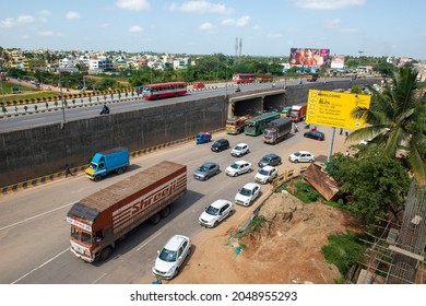 Bengaluru, Karnataka, India- Sep 20 2021: Mumbai Bangalore Highway,  Toll Road Connect To  Silicon Valley Of India To Financial City Of India