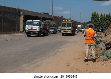 Bengaluru, Karnataka, India- Sep 20 2021: Bangalore City Traffic Police On Mumbai Bangalore Highway,  Toll Road Connect To  Silicon Valley Of India To Financial City In India