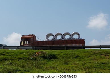 Bengaluru, Karnataka, India- Sep 20 2021: Goods Trucks On Mumbai Bangalore Highway,  Toll Road Connect To  Silicon Valley Of India To Financial City In India