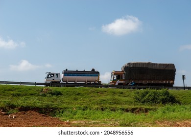 Bengaluru, Karnataka, India- Sep 20 2021: Truck Transporting Chemical On Mumbai Bangalore Highway,  Toll Road Connect To  Silicon Valley Of India To Financial City In India