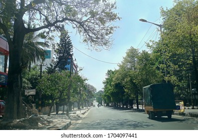 Bengaluru/India, April 14, 2020 The Streets And Main Road In Bengaluru South Around Banashankari Are Empty Due To 
 COVID 19 Lockdown. Essential Goods Carrying Transports Move On The  Roads. 