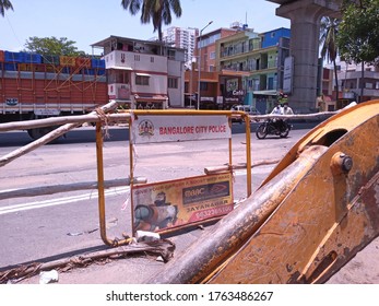 Bengaluru/India, June 25, 2020. Barricades Put Up By The City Police To Stop Movement Of People  Due To Coronavirus Spreading. Restricted Movement Allowed In The City. Wearing Face Mask Is Mandatory.