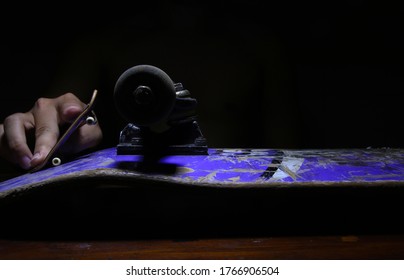 Bengkayang, Indonesia - June 30, 2020 : We Can Play A Fingerboard At Home Without Play The Real Skateboard During  Physical Distancing.