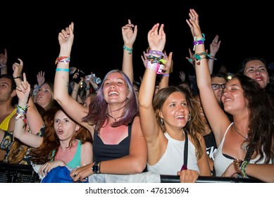 BENICASSIM, SPAIN - JUL 19: Crowd in a concert at FIB Festival on July 19, 2015 in Benicassim, Spain.