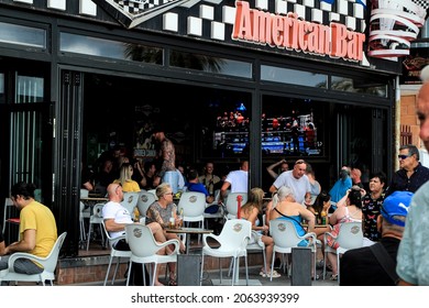 Benidorm, Alicante, Spain- October 10, 2021: Pub Full Of British Tourists Drinking Alcohol In Benidorm, Spain