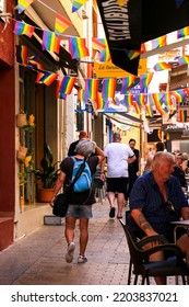 Benidorm, Alicante, Spain- September 10, 2022: Bars And Terraces Of Typical Spanish Food Full Of People In The Old Town Of Benidorm