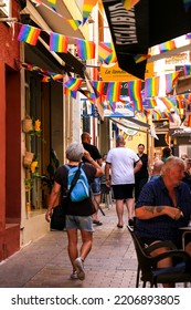 Benidorm, Alicante, Spain- September 10, 2022: Bars And Terraces Of Typical Spanish Food Full Of People In The Old Town Of Benidorm