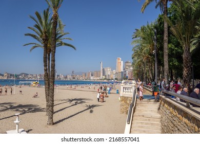 Benidorm, Spain - May 4 2020: Playa De Poniente Beach Esplanade And Beachfront Walk, Spain