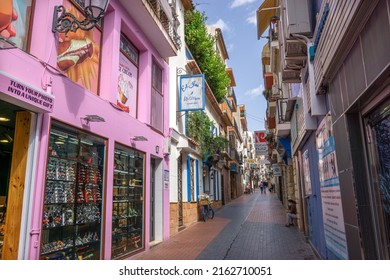 Benidorm, Spain - May 6 2022: Colourful Street With Shops And Bars In The Old Town In Central Benidorm