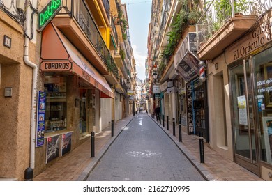 Benidorm, Spain - May 6 2022: Street With Shops, Bars And Restaurants In The Old Town In Central Benidorm