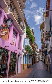 Benidorm, Spain - May 6 2022: Colourful Street With Shops And Bars In The Old Town In Central Benidorm