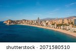 Benidorm,Alicante,Spain.Aerial photo from drone to Benidorm city skyline with beach and mountains in the background.These are the most beautiful views from the drone to the skyscrapers of Benidorm.