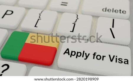 Benin flag featured on computer keyboard beside apply for visa button symbolizing passport application immigration documentation international border authorization travel approval online registration destination entry and mobility concept