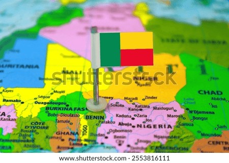 Benin Flag Over World Map, Selectiove Focus