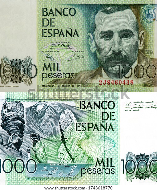 Benito Perez Galdos (1843 - 1920),
Spanish realist novelist, painted by Joaquin Sorolla in
1894.Portrait from Spain 1000 Pesetas 1979 Banknotes.
Collection.