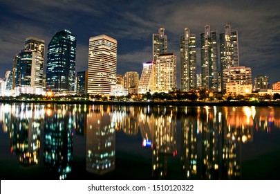 Benjakitti Park In The Khlong Toei District Of Central Bankgkok. Night Life In Bangkok