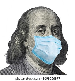 Benjamin Ben Franklin Face Banknote With A Face Mask Against Infection On US 100 Dollar Isolated. 