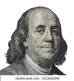 Benjamin Ben Franklin Face On US 100 Dollar Bill Closeup Isolated, United States Of America Money Close Up.