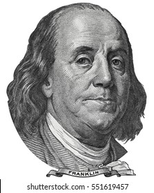 Benjamin Ben Franklin face on US 100 dollar bill closeup isolated, United States of America money close up.