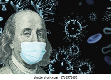 Benjamin Ben Franklin Isolated Face From 100 Dollar Banknote With A Face Mask On Covid Background. Concept Of The Global Financial Crisis And Pandemic