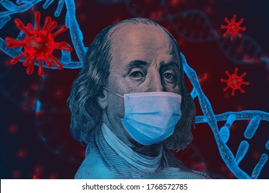 Benjamin Ben Franklin Isolated Face From 100 Dollar Banknote With A Face Mask On Covid Background. Concept Of The Global Financial Crisis And Pandemic