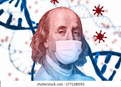 Benjamin Ben Franklin Isolated Face From 100 Dollar Banknote With A Face Mask On Covid Background. Concept Of The Global Financial Crisis And Pandemic