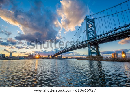 The Benjamin Franklin Bridge and and Delaware River at sunset, seen from Camden, New Jersey.