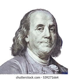 Benjamin Franklin cut on new 100 dollars banknote isolated on white background