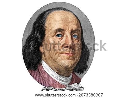 Benjamin Franklin cut on old 100 dollars banknote isolated on white background for design purpose