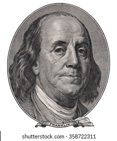 Benjamin Franklin Face On Us One Hundred Dollar Bill Macro Isolated, United States Money Closeup