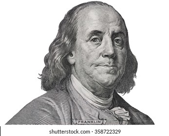 Benjamin Franklin face on us one hundred dollar bill macro isolated, united states money closeup