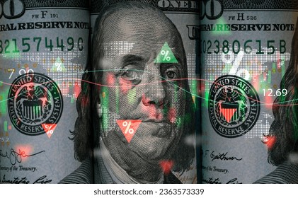 Benjamin Franklin face on USD dollar banknote with stock market chart and up down arrow for analysis investment on currency exchange or forex and economy inflation concept.