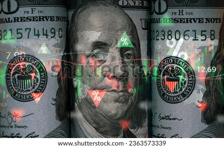 Benjamin Franklin face on USD dollar banknote with stock market chart and up down arrow for analysis investment on currency exchange or forex and economy inflation concept.