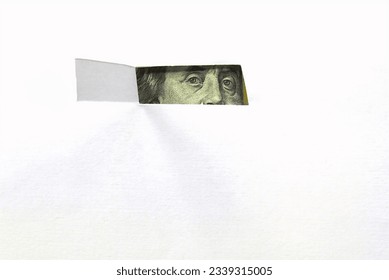 Benjamin Franklin Peaking Behind Hole in Blank Book Page.