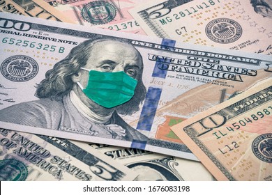 Benjamin Franklin President Wear Face Mask On 100 US Dollar Banknote Background. Global Novel Coronavirus (Covid-19) Outbreak Effect To USA, World Economy, Financial Crisis, Investment Stock Market.