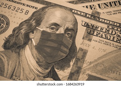 Benjamin Franklin President Wear Face Mask On US Dollar Bill Banknote Background. Global Novel Coronavirus (Covid-19) Outbreak Effect To USA, World Economy, Financial Crisis, Investment, Stock Market.