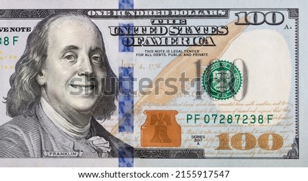 Benjamin Franklin smiling on 100 dollar banknote for design purpose